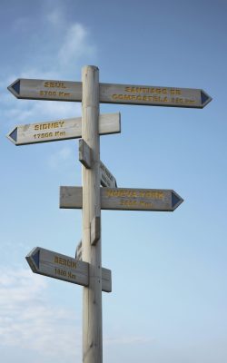 Un panneau de directions en bois avec en fond le ciel bleu